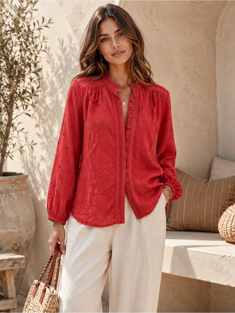 Maeve Anthropologie Coral Embroidered Eyelet Blouse M Boho Button Front